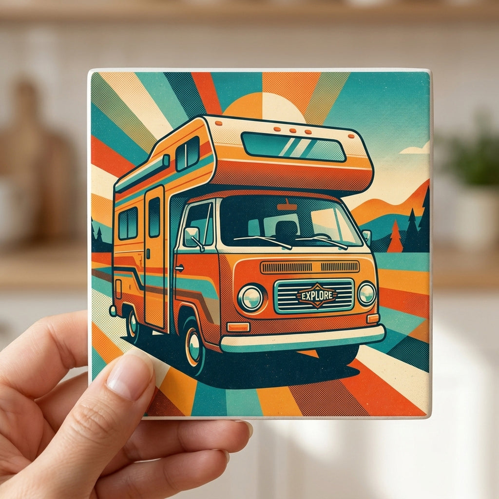 Retro Camper Van ceramic coasters set of 4, in hand