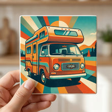Retro Camper Van ceramic coasters set of 4, in hand