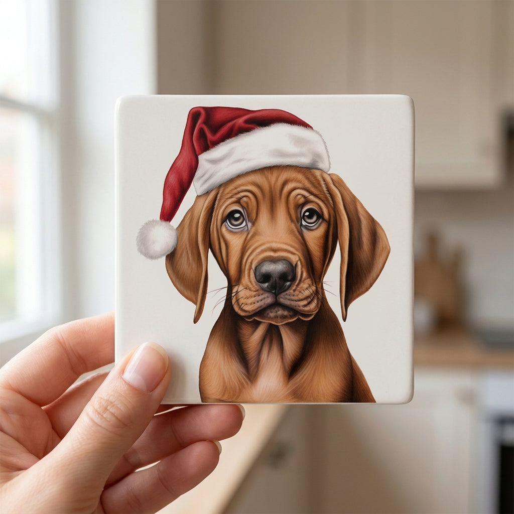 Redbone Coonhound Puppy Drawing ceramic coasters set of 4, in hand