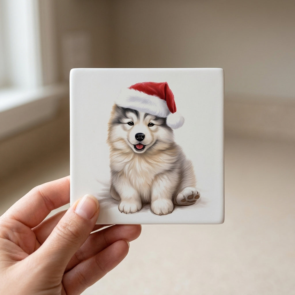 Alaskan Malamute Puppy Drawing ceramic coasters set of 4, in hand