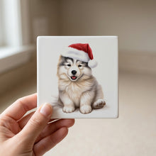 Alaskan Malamute Puppy Drawing ceramic coasters set of 4, in hand