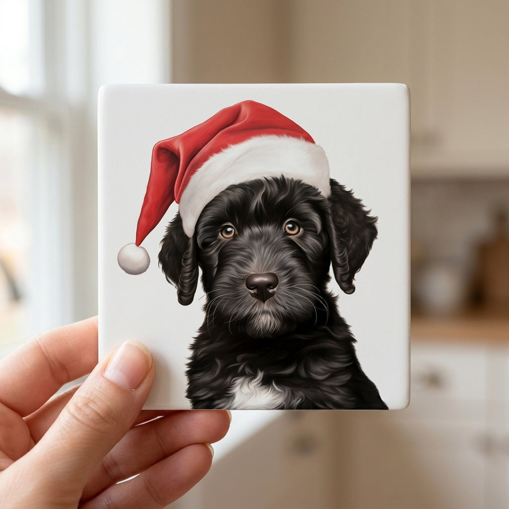 Portuguese Water Dog Puppy Drawing ceramic coasters set of 4, in hand