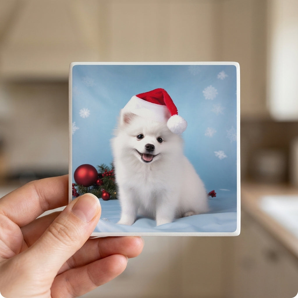 American Eskimo Dog Puppy ceramic coasters set of 4, in hand