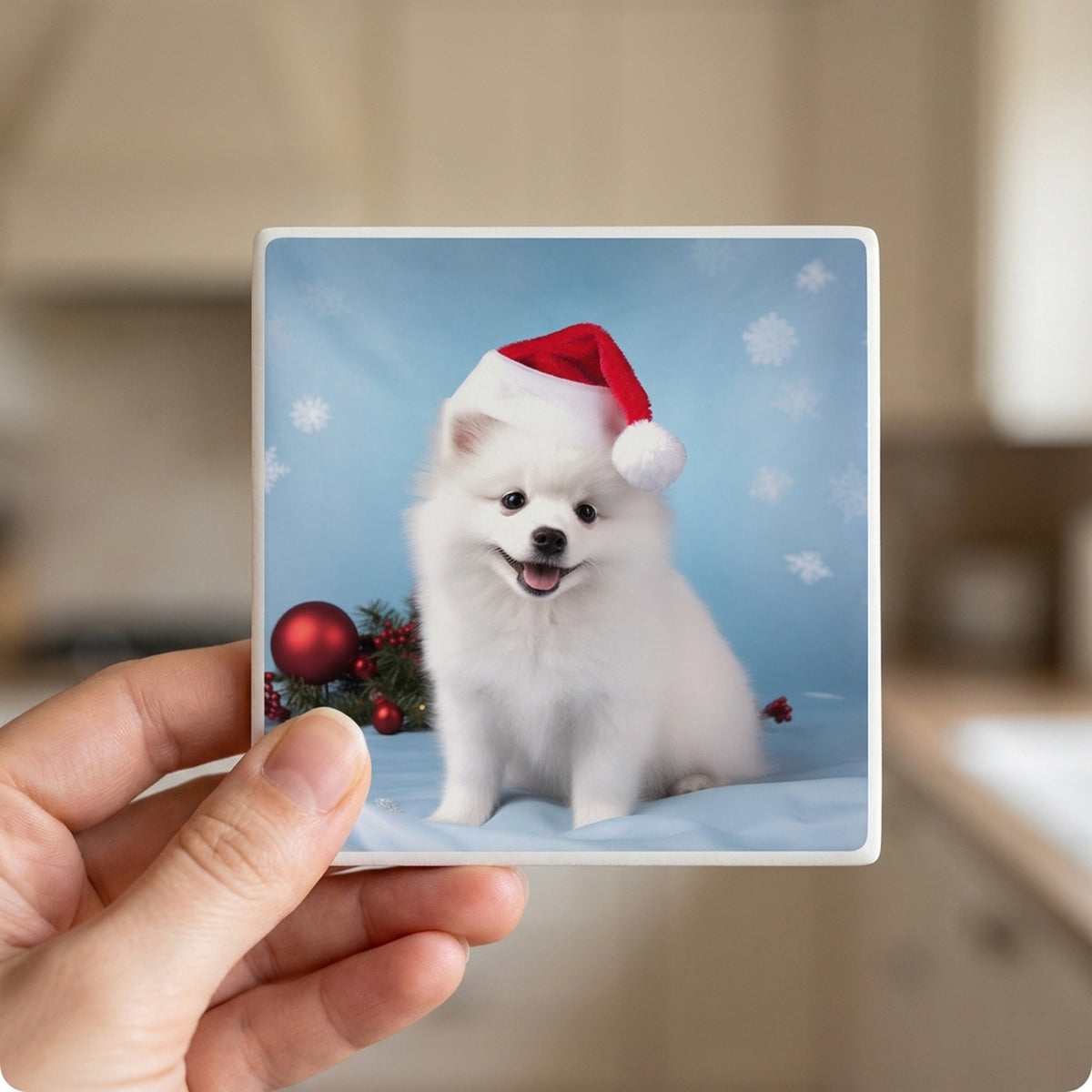 American Eskimo Dog Puppy ceramic coasters set of 4, in hand