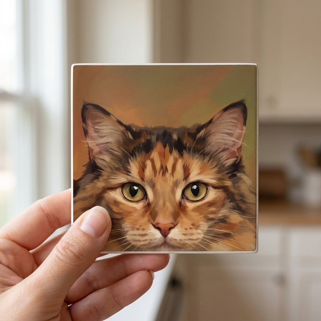 Calico Cat Portrait ceramic coasters set of 4, in hand