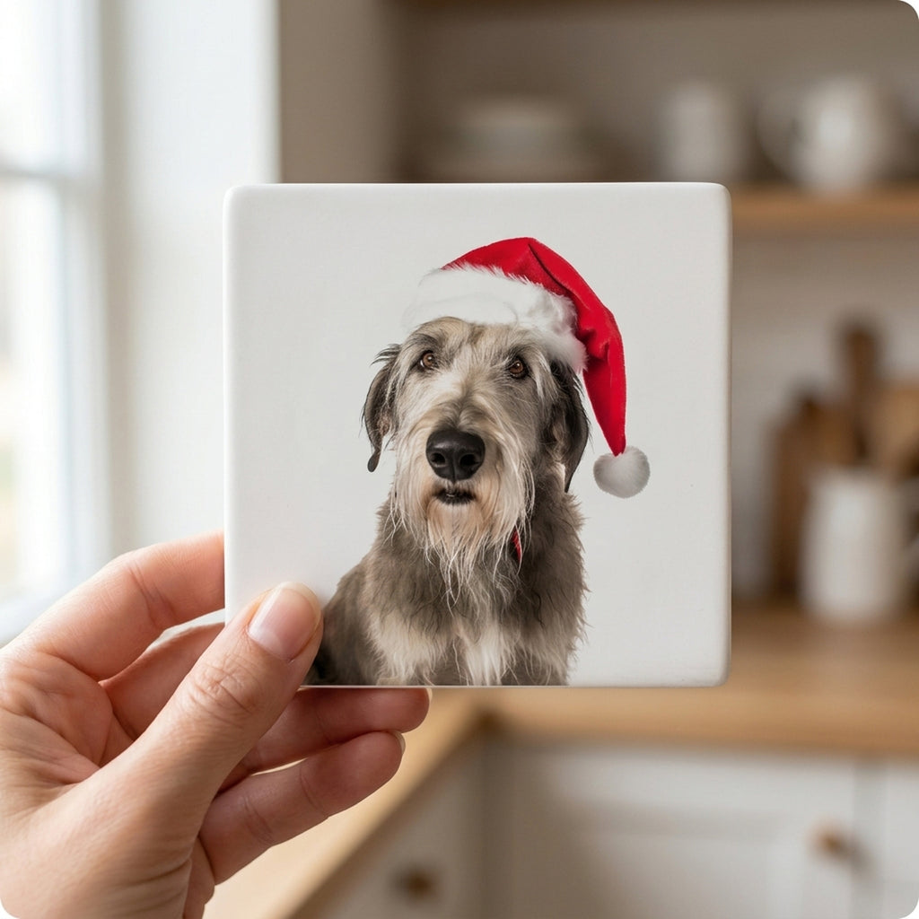 Irish Wolfhound ceramic coasters set of 4, in hand