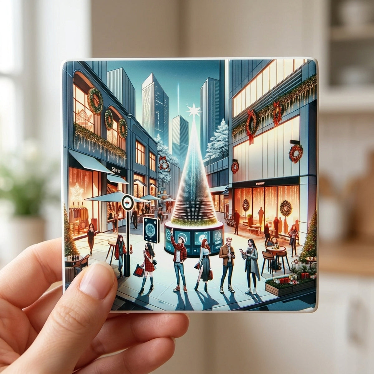 Downtown Christmas Plaza ceramic coasters set of 4, in hand