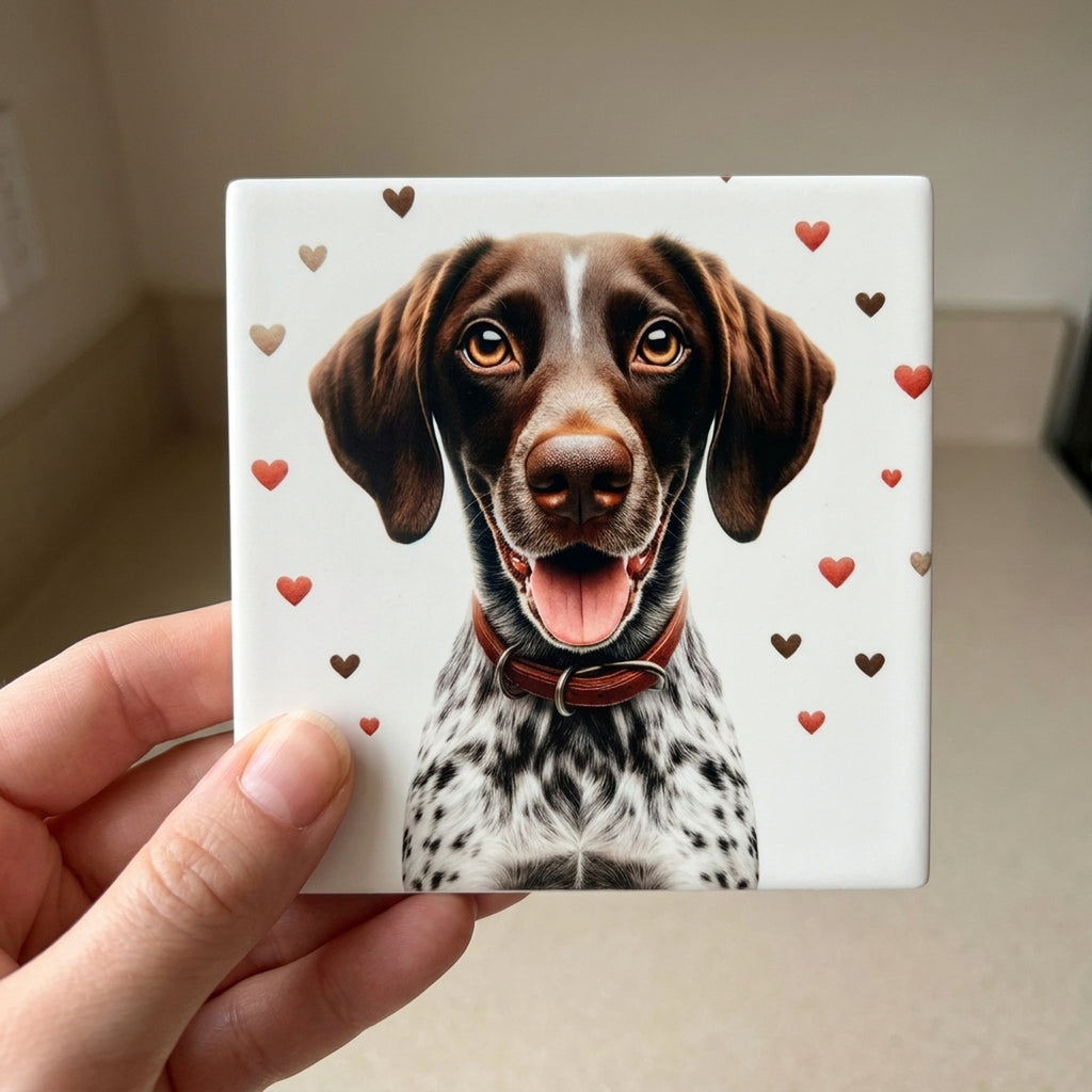 German Shorthaired Pointer ceramic coasters set of 4, in hand