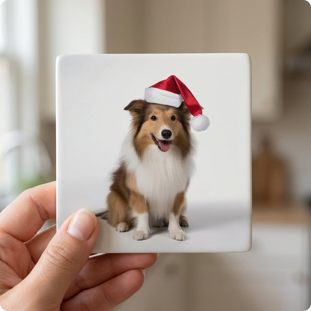 Shetland Sheepdog ceramic coasters set of 4, in hand