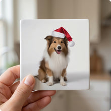 Shetland Sheepdog ceramic coasters set of 4, in hand