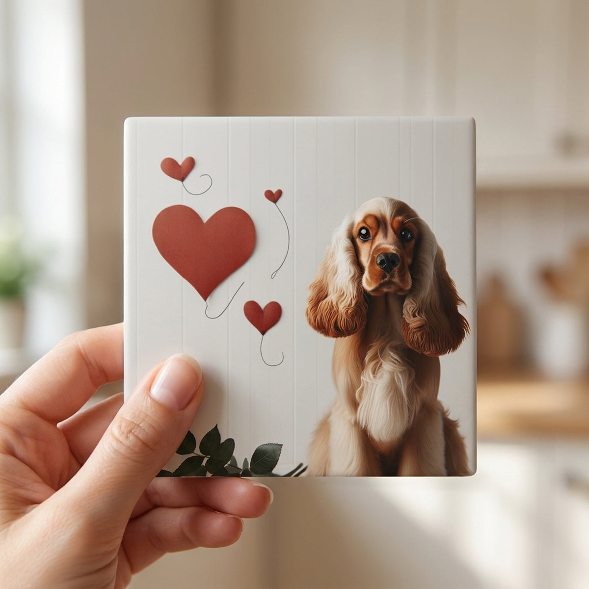 English Cocker Spaniel ceramic coasters set of 4, in hand