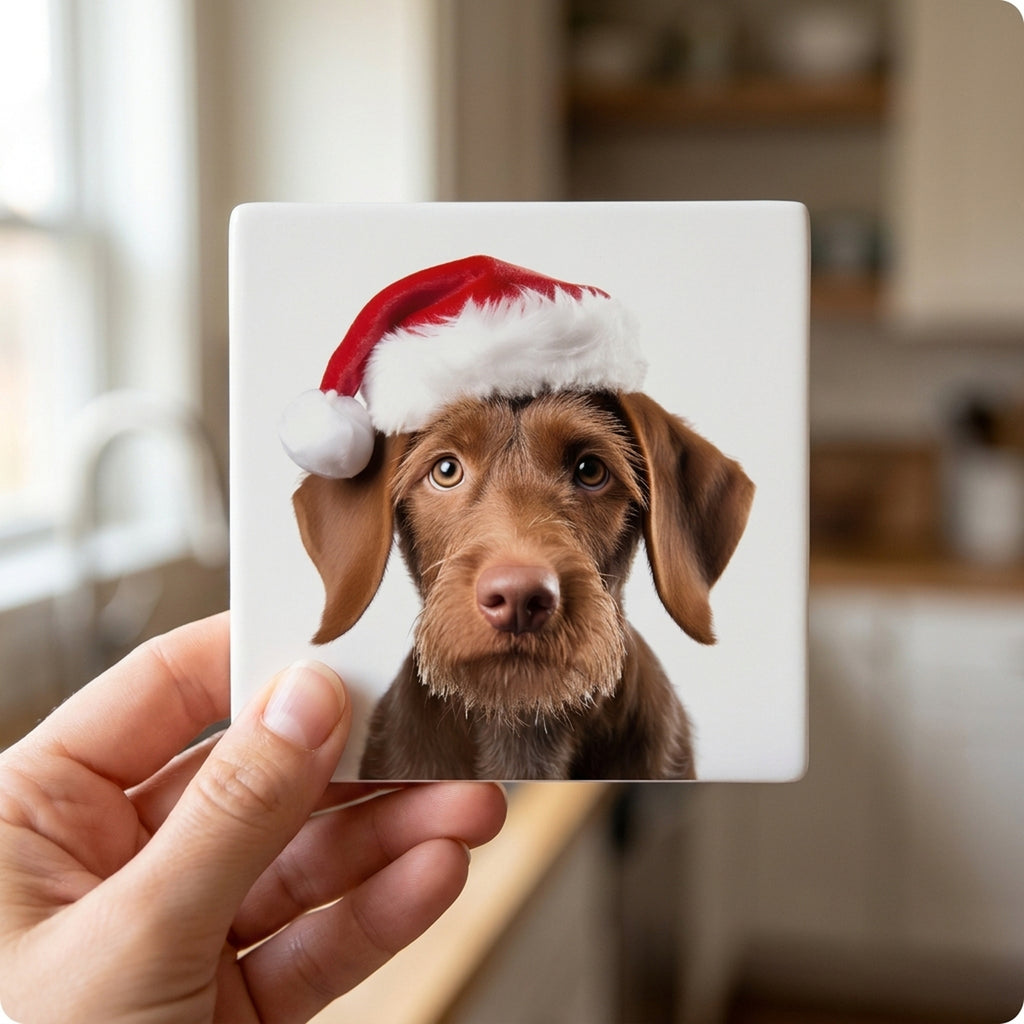 Wirehaired Vizsla Puppy ceramic coasters set of 4, in hand