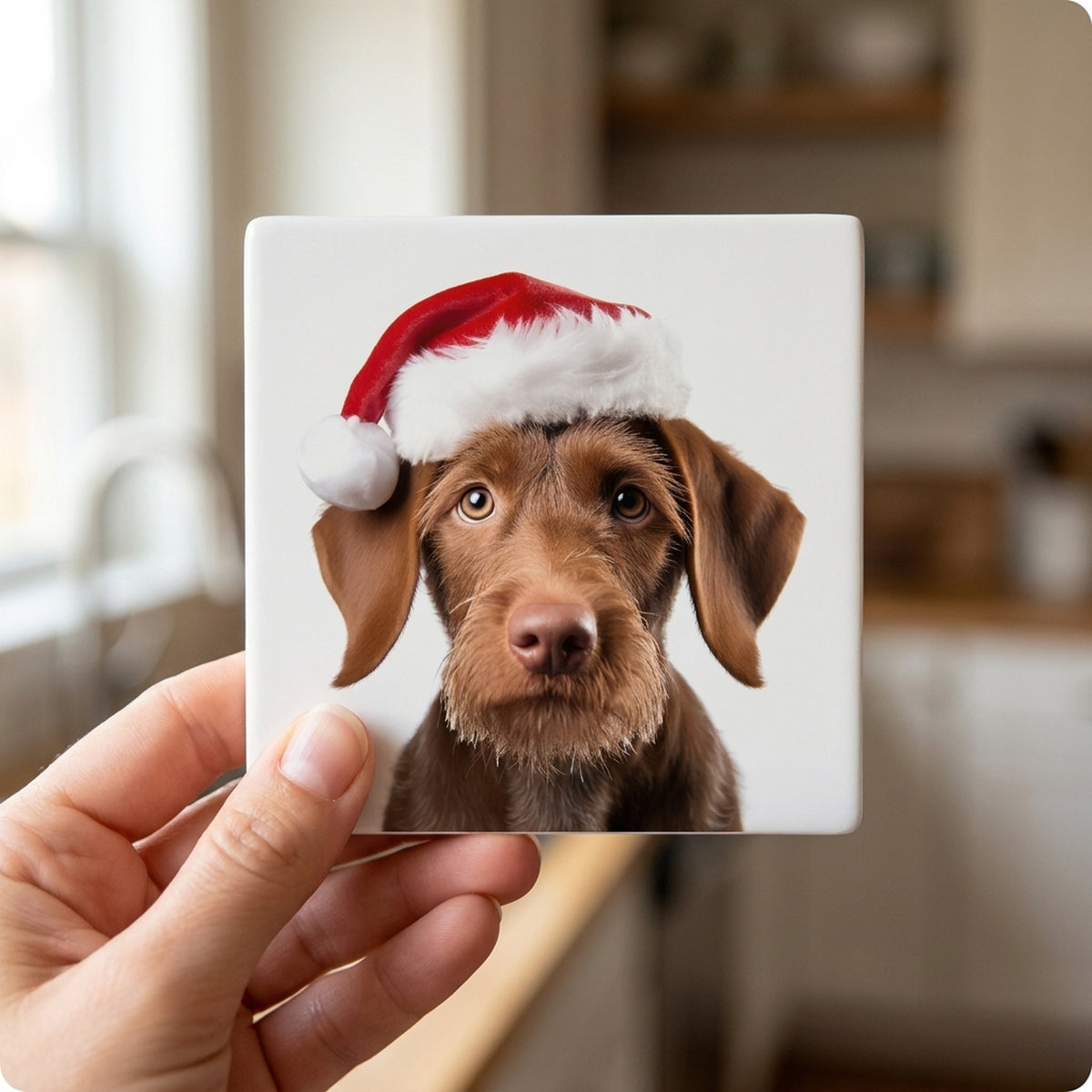 Wirehaired Vizsla Puppy ceramic coasters set of 4, in hand