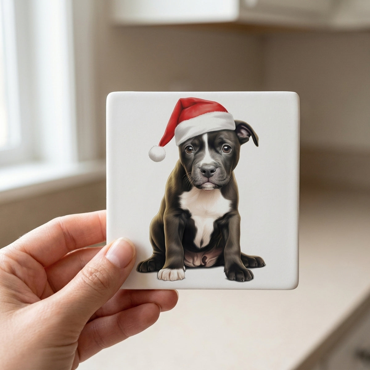 Staffordshire Bull Terrier Puppy Drawing ceramic coasters set of 4, in hand