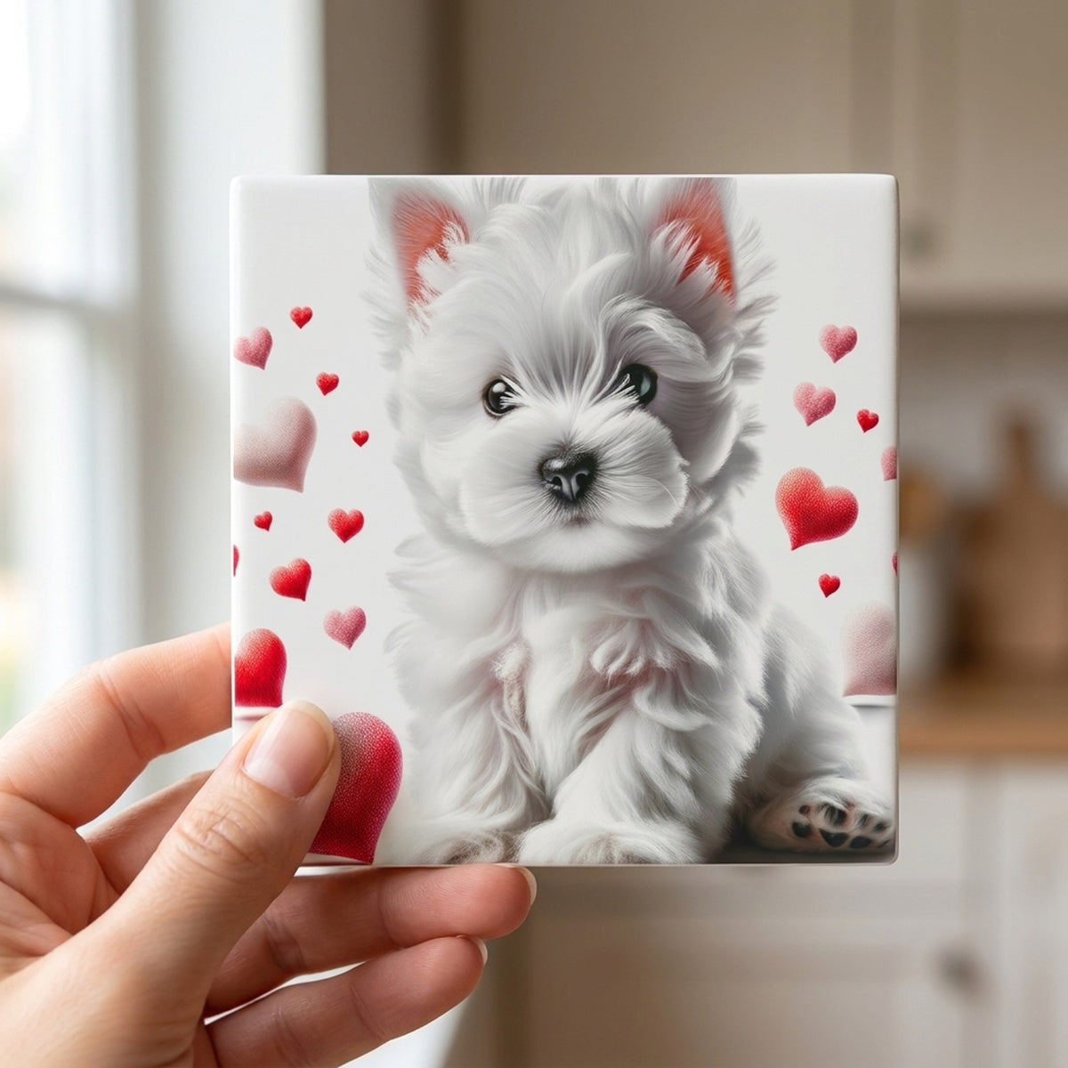 West Highland White Terrier ceramic coasters set of 4, in hand