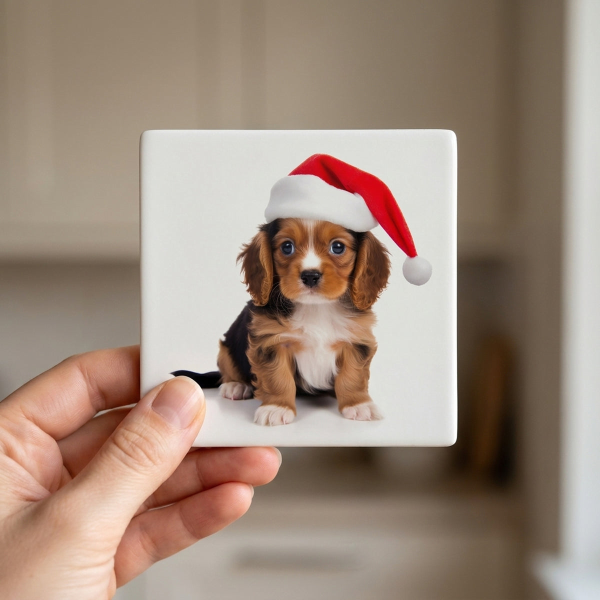Cavalier King Charles Spaniel Puppy ceramic coasters set of 4, in hand