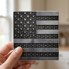 Rustic Steel American Flag ceramic coasters set of 4, in hand