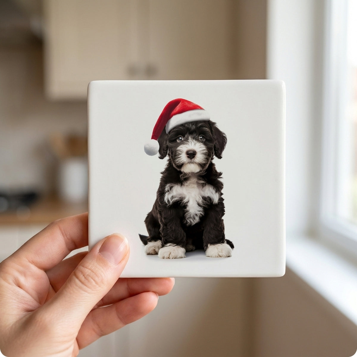 Portuguese Water Dog Puppy ceramic coasters set of 4, in hand