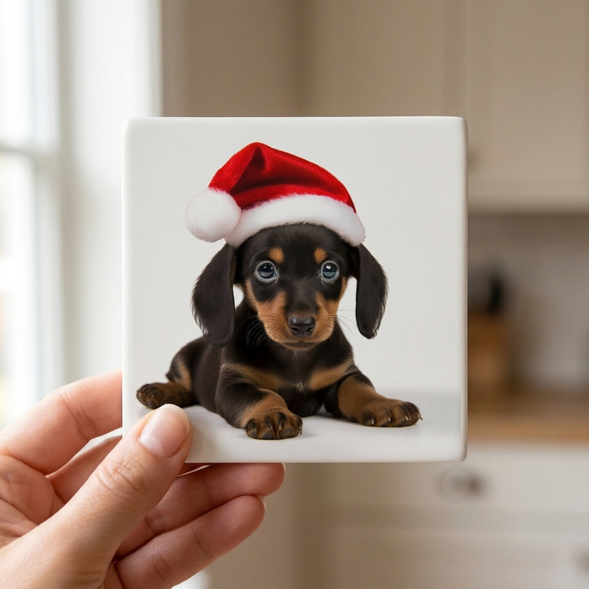 Dachshund Puppy ceramic coasters set of 4, in hand
