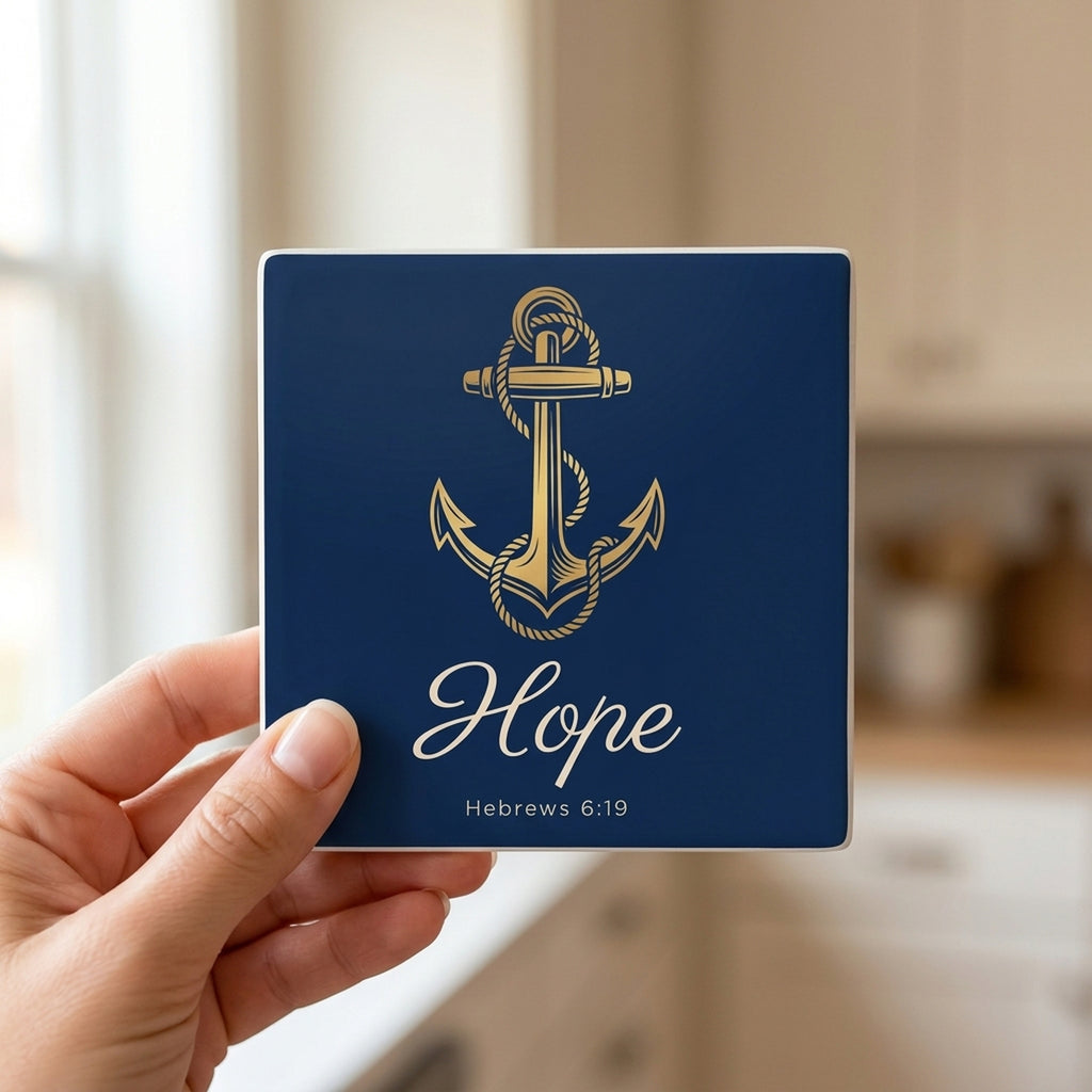 Anchor Hope Hebrews ceramic coasters set of 4, in hand