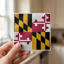 Maryland State Flag ceramic coasters set of 4, in hand