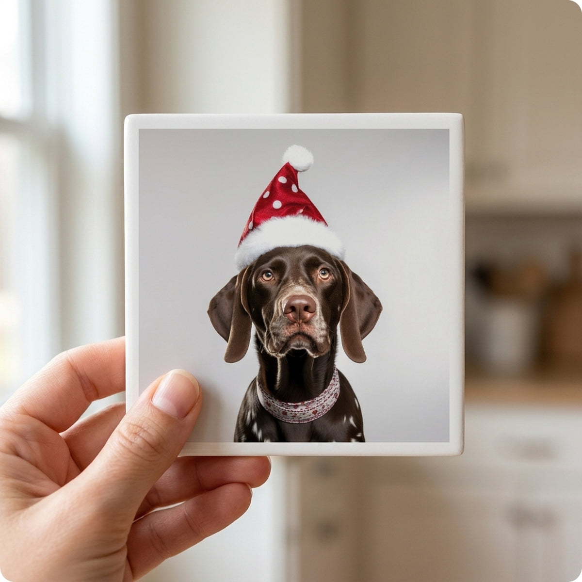 German Shorthaired Pointer ceramic coasters set of 4, in hand