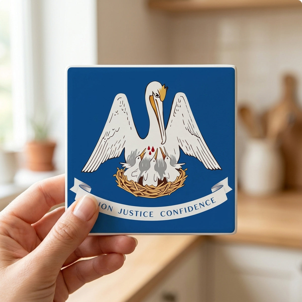 Louisiana State Flag ceramic coasters set of 4, in hand