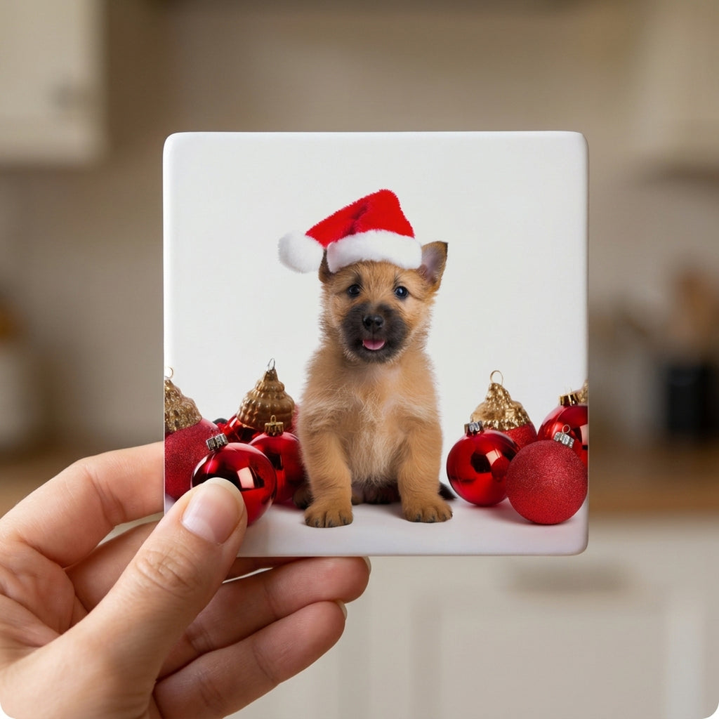 Norwich Terrier Puppy ceramic coasters set of 4, in hand