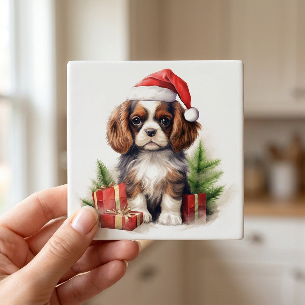 English Toy Spaniel Puppy Drawing ceramic coasters set of 4, in hand
