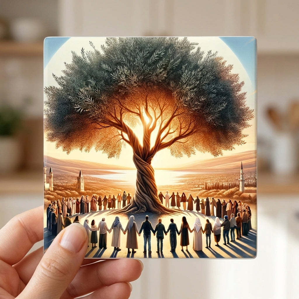 Golden Olive Tree ceramic coasters set of 4, in hand