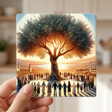Golden Olive Tree ceramic coasters set of 4, in hand