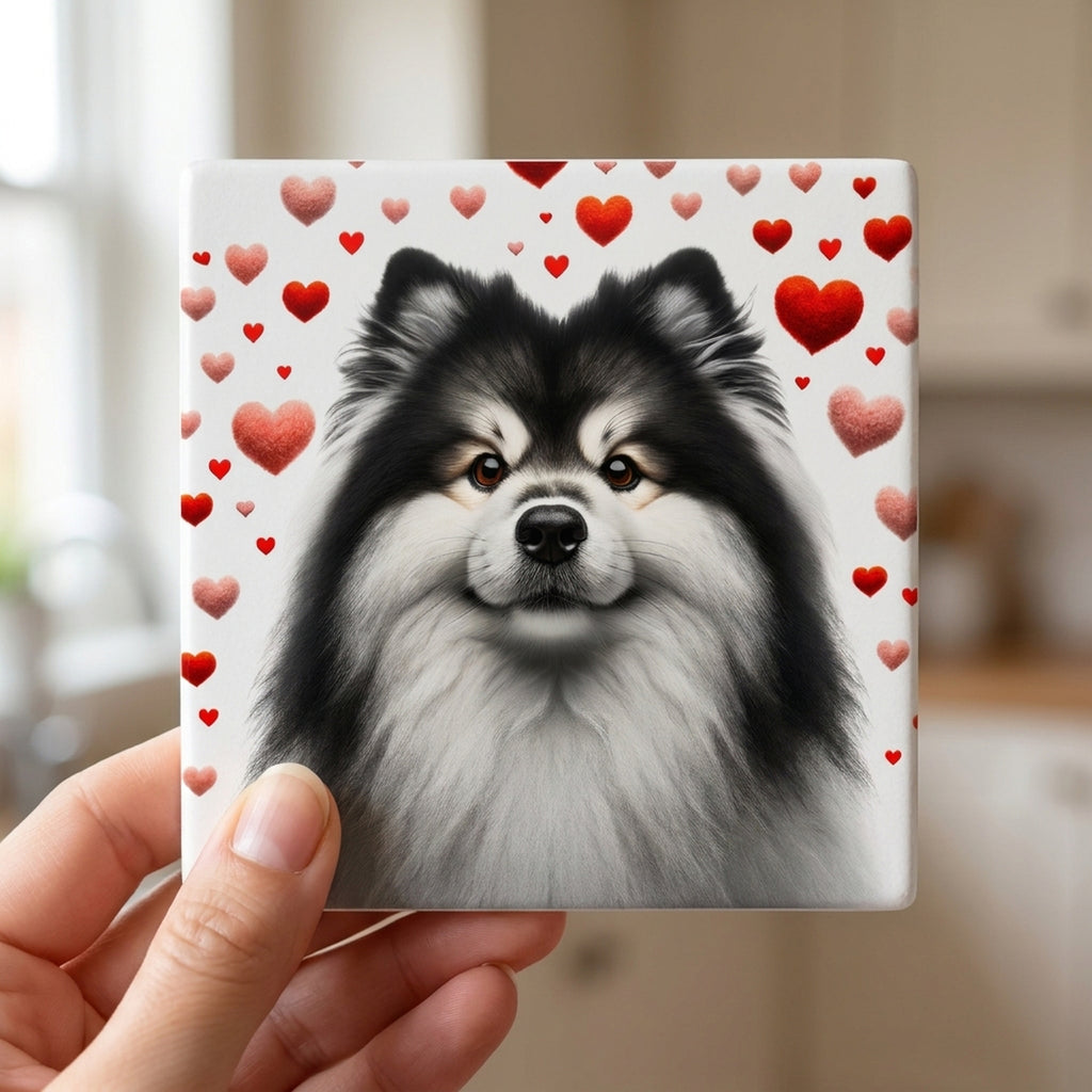 Finnish Lapphund ceramic coasters set of 4, in hand