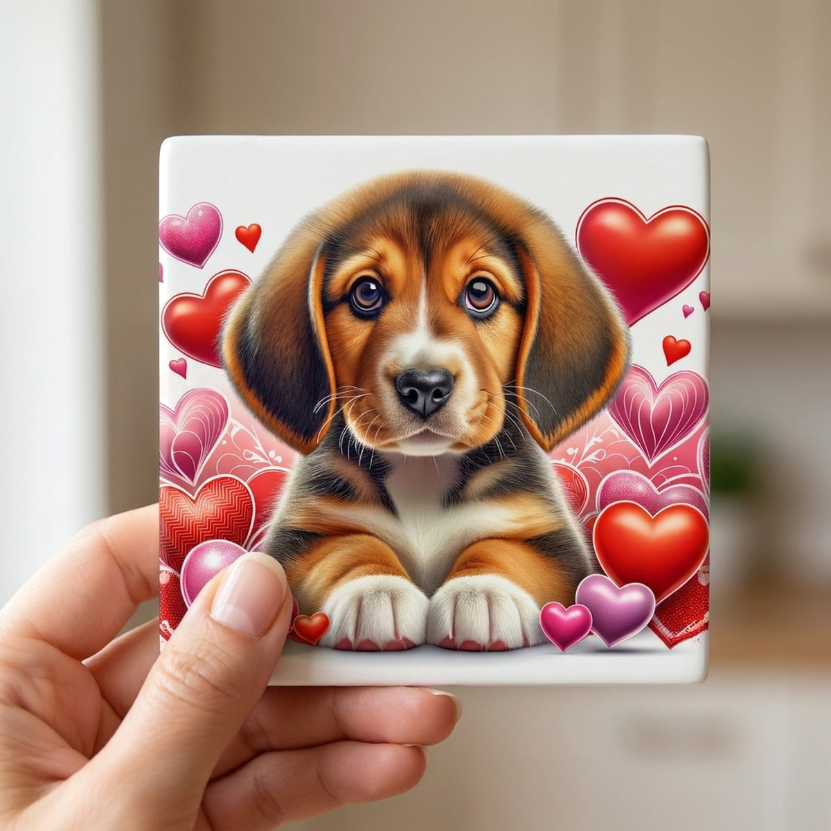 Beagle ceramic coasters set of 4, in hand