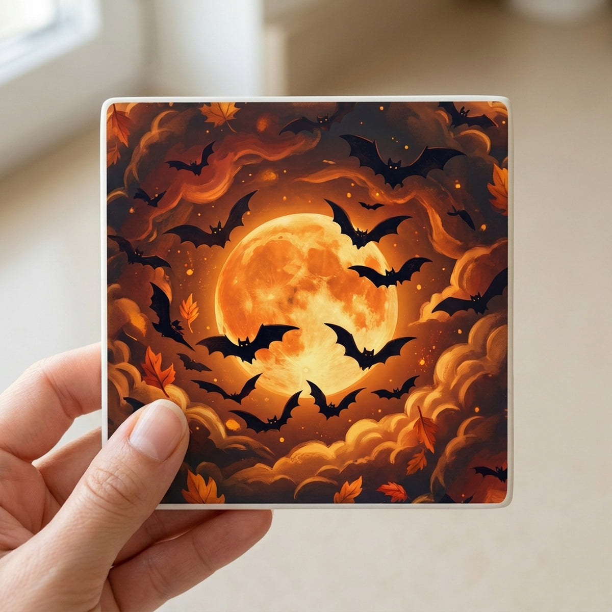 Halloween Bats ceramic coasters set of 4, in hand