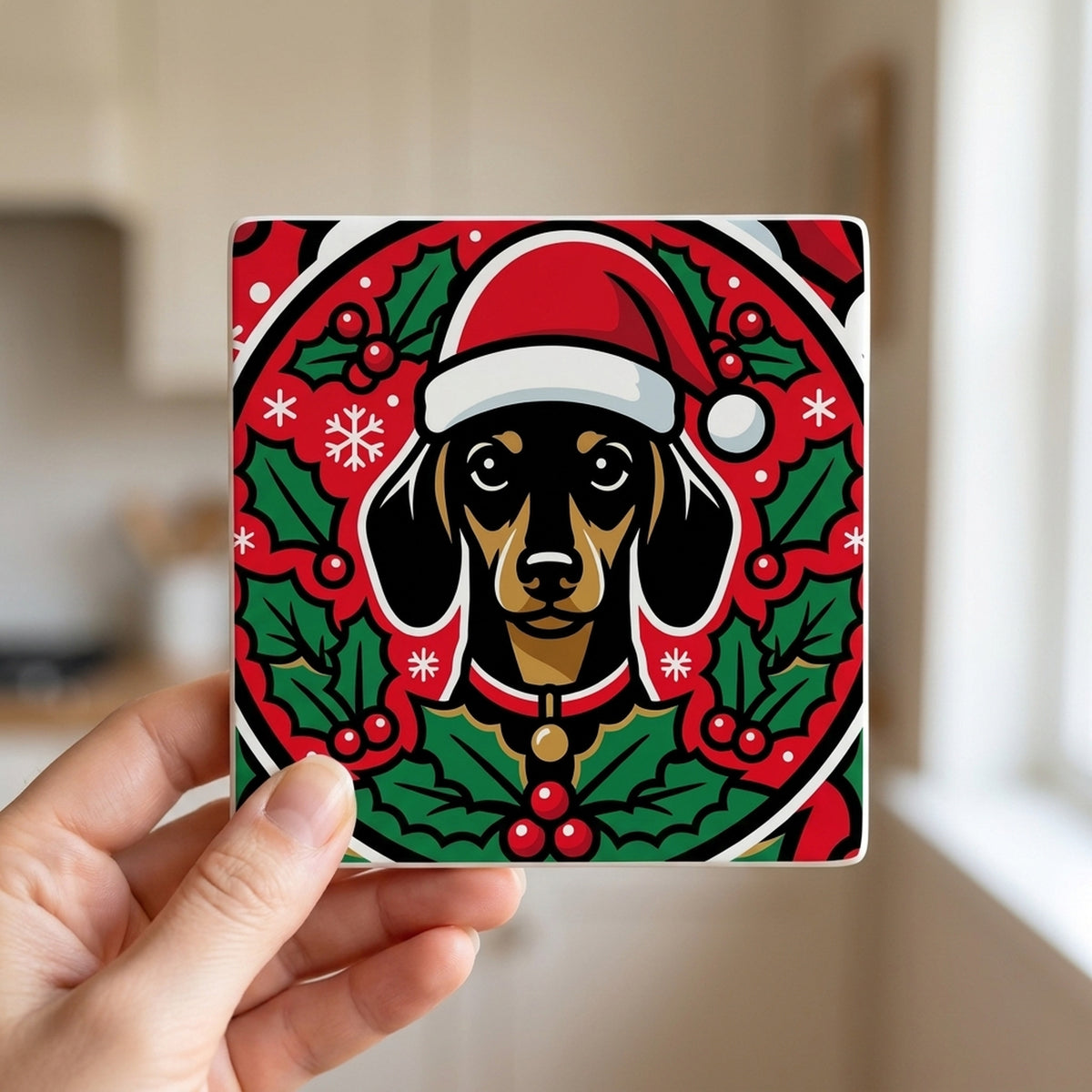 Dachshund Christmas Ornament Art ceramic coasters set of 4, in hand
