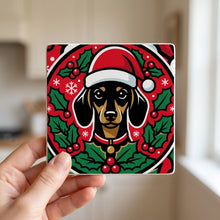 Dachshund Christmas Ornament Art ceramic coasters set of 4, in hand