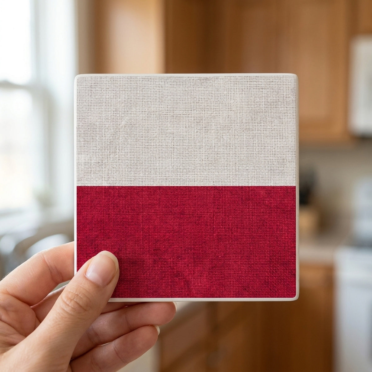 Poland Flag Pride ceramic coasters set of 4, in hand