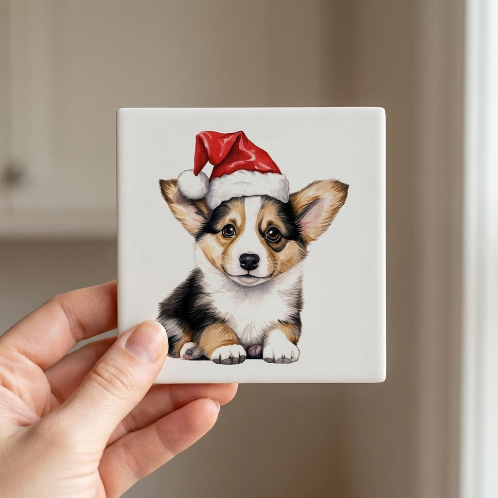 Pembroke Welsh Corgi Puppy Drawing ceramic coasters set of 4, in hand