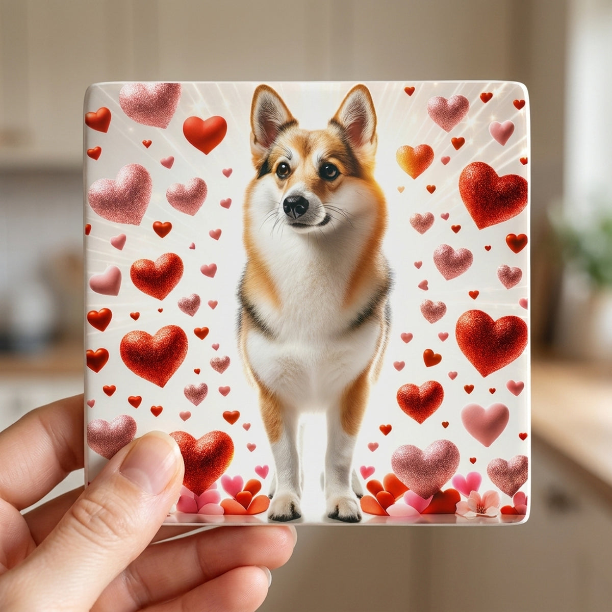 Pembroke Welsh Corgi ceramic coasters set of 4, in hand