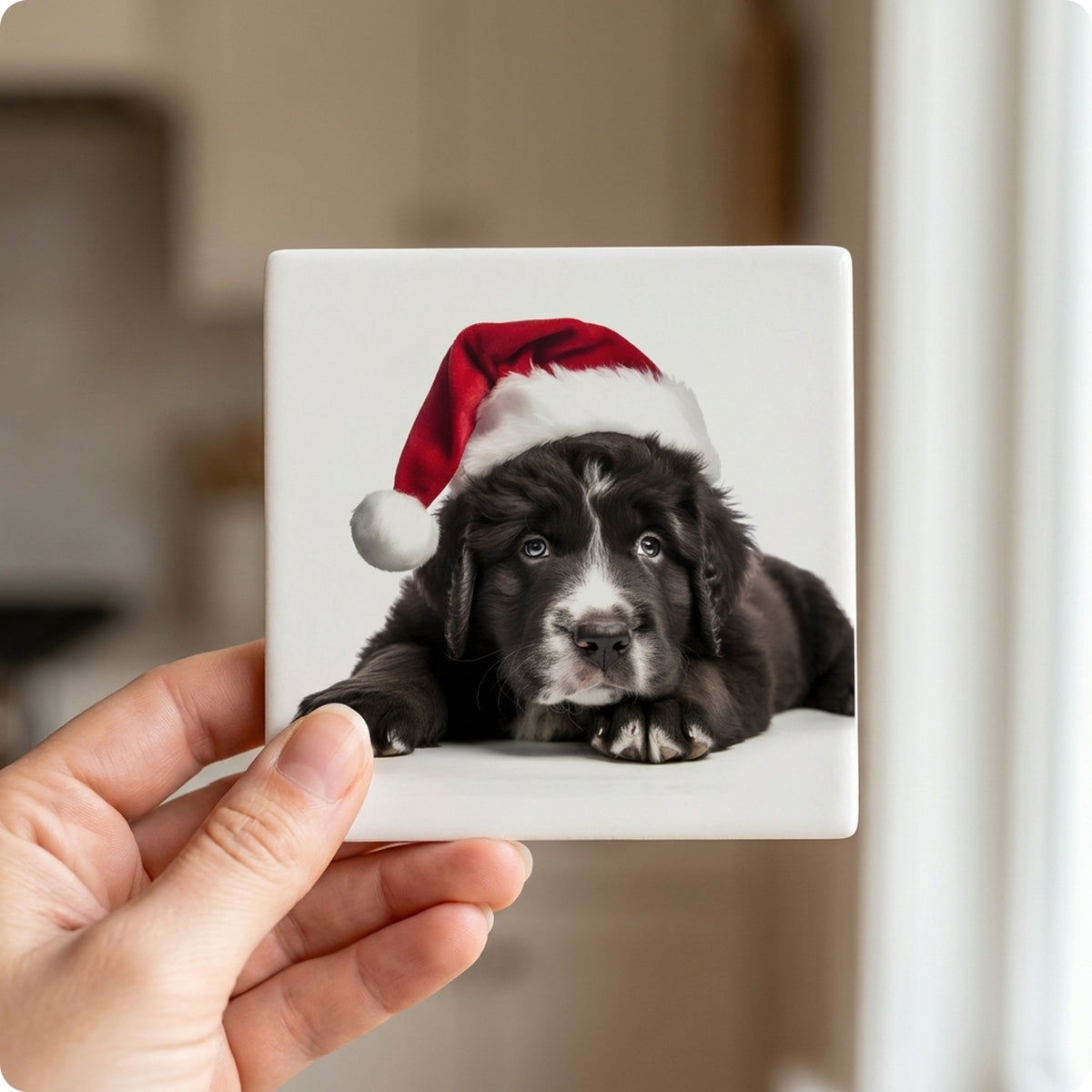 Newfoundland Puppy ceramic coasters set of 4, in hand