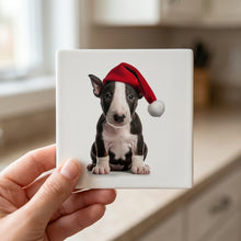 Miniature Bull Terrier Puppy ceramic coasters set of 4, in hand