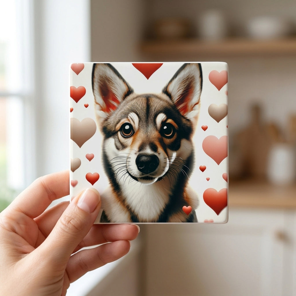 Swedish Vallhund ceramic coasters set of 4, in hand