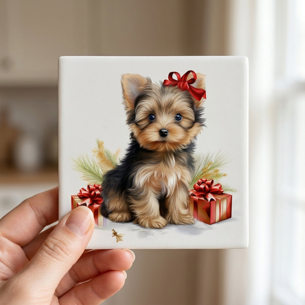Silky Terrier Puppy Drawing ceramic coasters set of 4, in hand