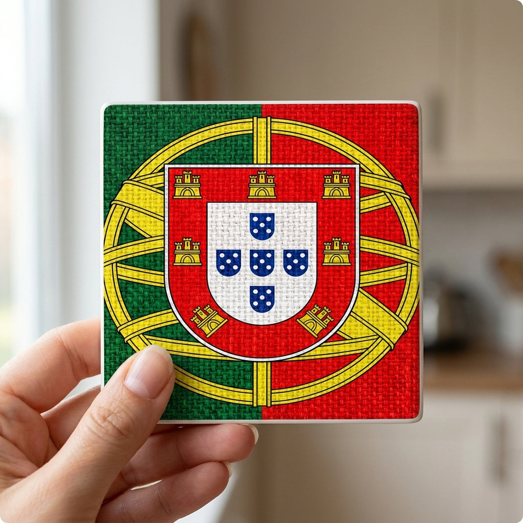 Portugal Flag Pride ceramic coasters set of 4, in hand