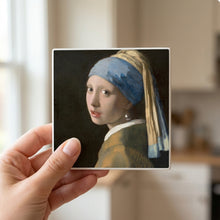 Girl With A Pearl Earring ceramic coasters set of 4, in hand