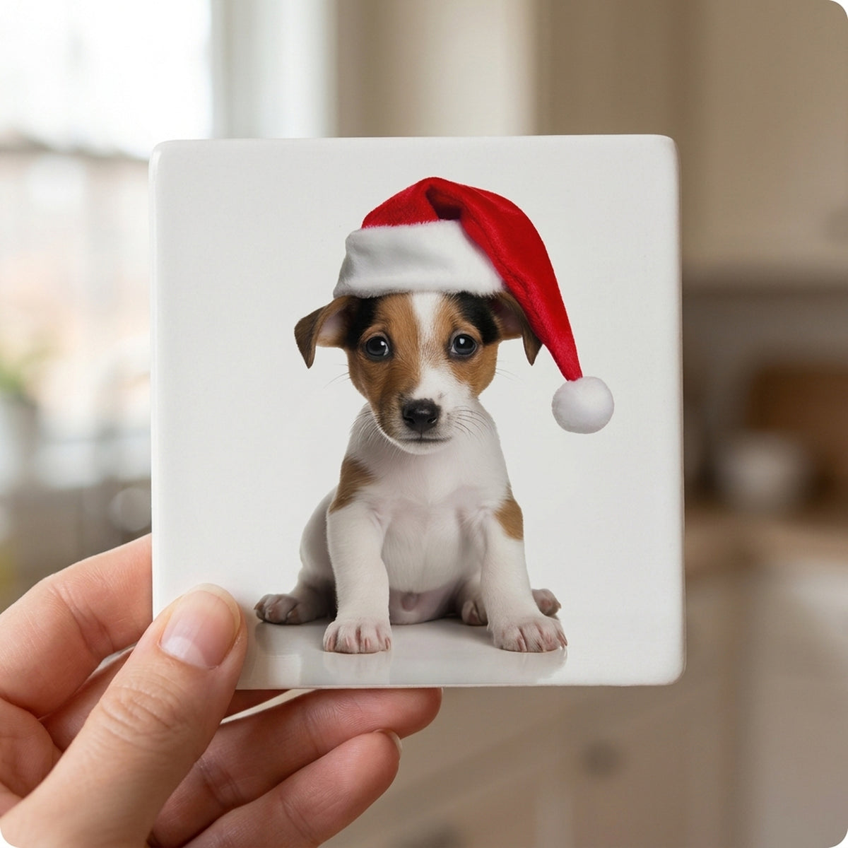 Smooth Fox Terrier Puppy ceramic coasters set of 4, in hand