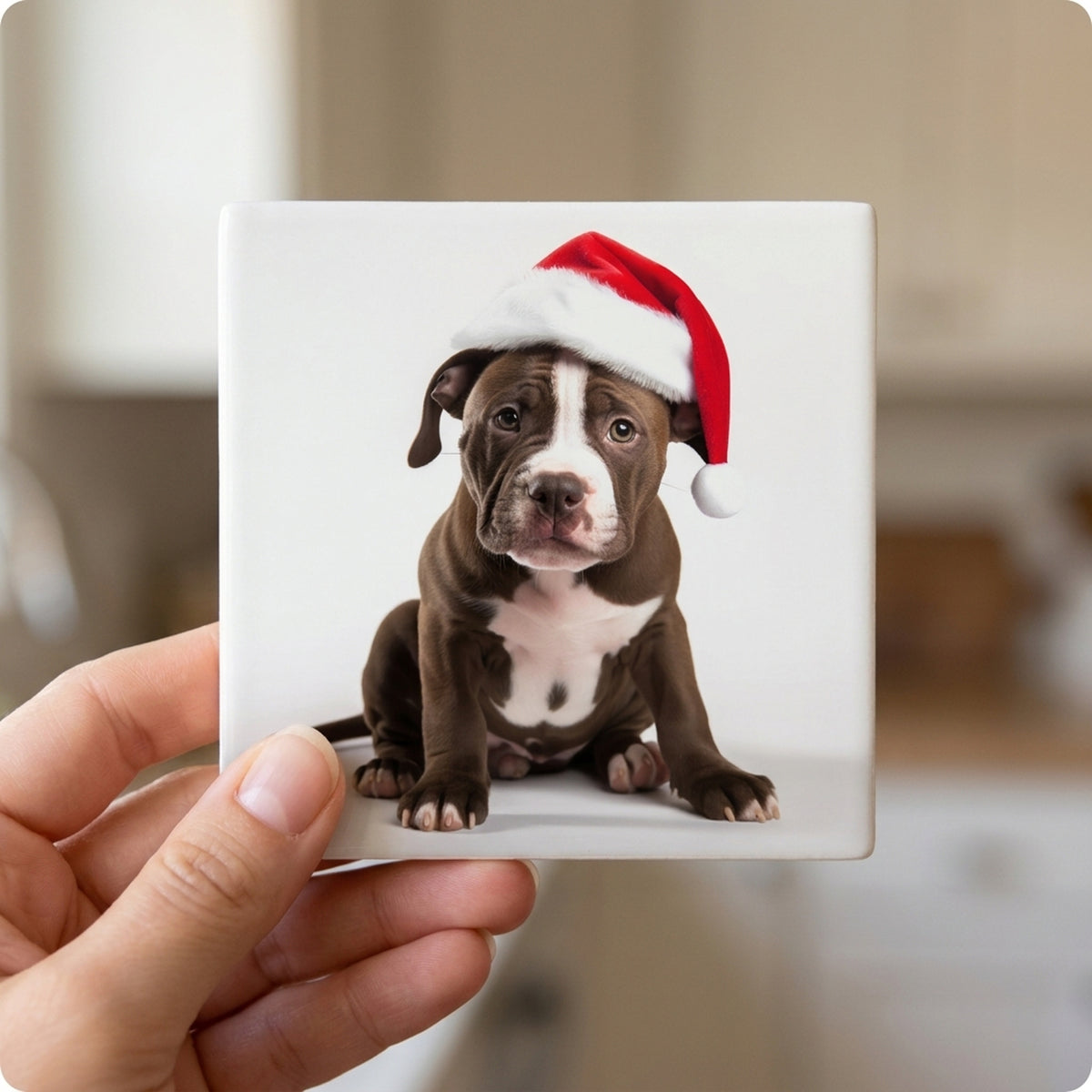 American Staffordshire Terrier Puppy ceramic coasters set of 4, in hand