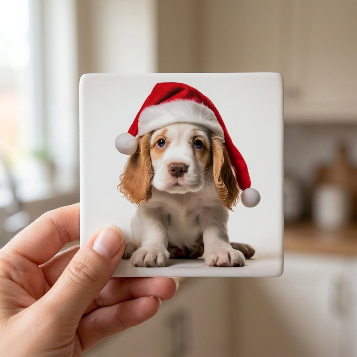 Clumber Spaniel Puppy ceramic coasters set of 4, in hand
