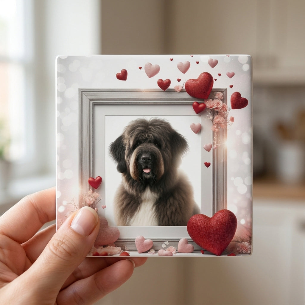Bouvier des Flandres ceramic coasters set of 4, in hand