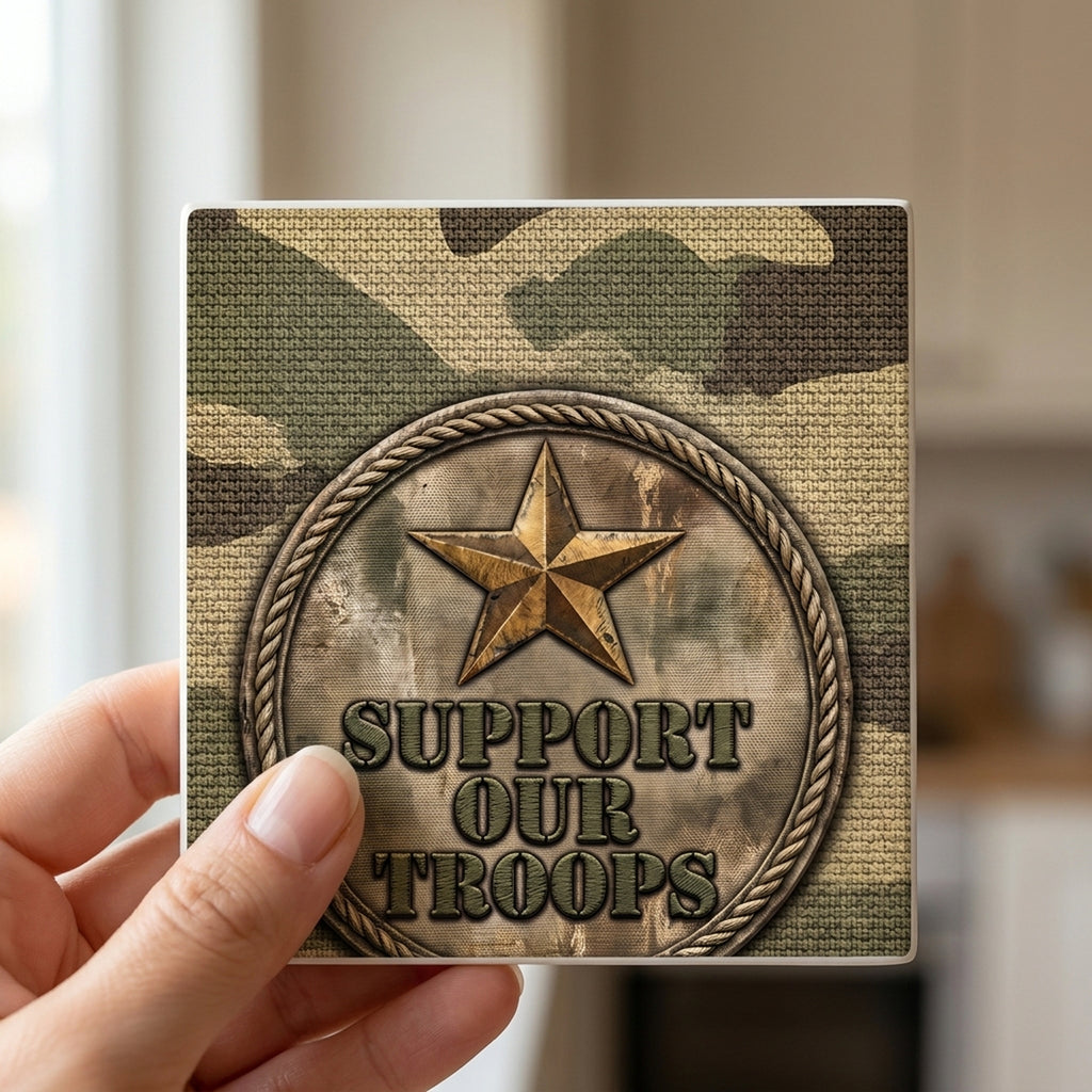 Military Camo Support ceramic coasters set of 4, in hand